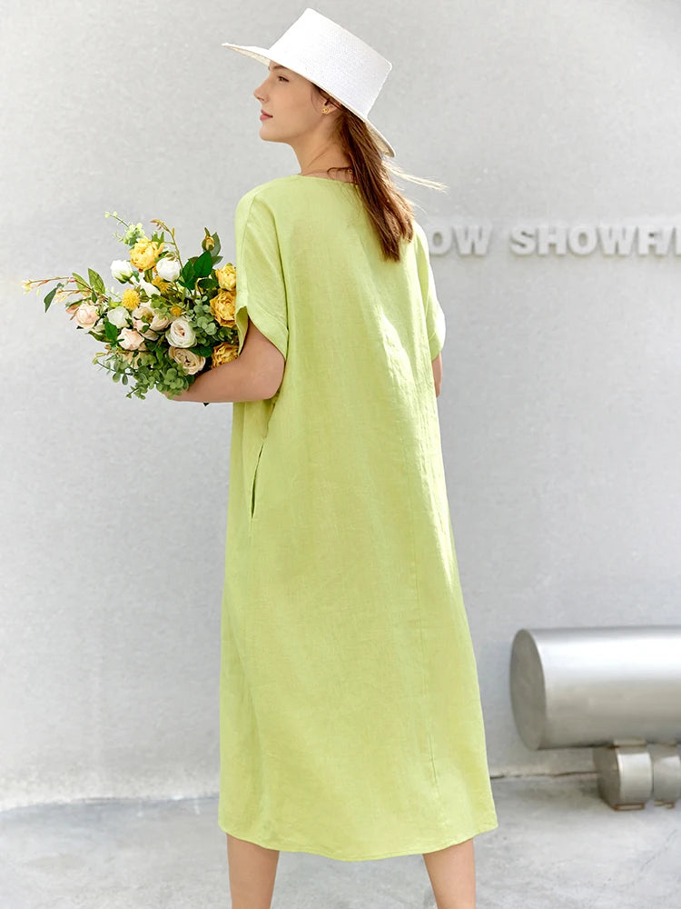 AMII Minimalist Women Dress 2023 Summer New 100% Linen Niche Fashion Artistic Temperament O-Neck Dresses Vestidos 12342278