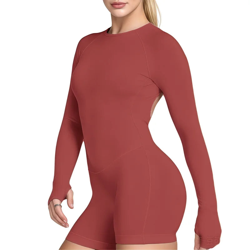 HISTELLO Sport Long Sleeve One Piece Women Hollow Back Yoga Bodycon Slim Fit Soft Stretch Fitness Running Gym Sports Jumpsuit