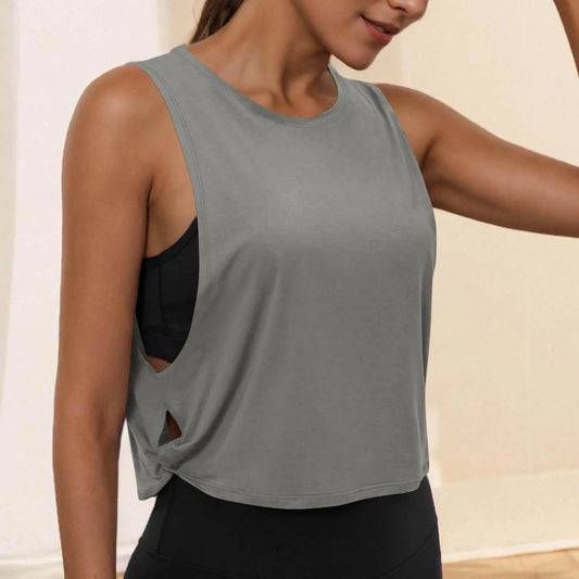 Women Sleeveless Yoga Tops Running Short Tank Crop Top Athletic Vest Breathable Blouse Cover Up Gym Workout Cool T-Shirt