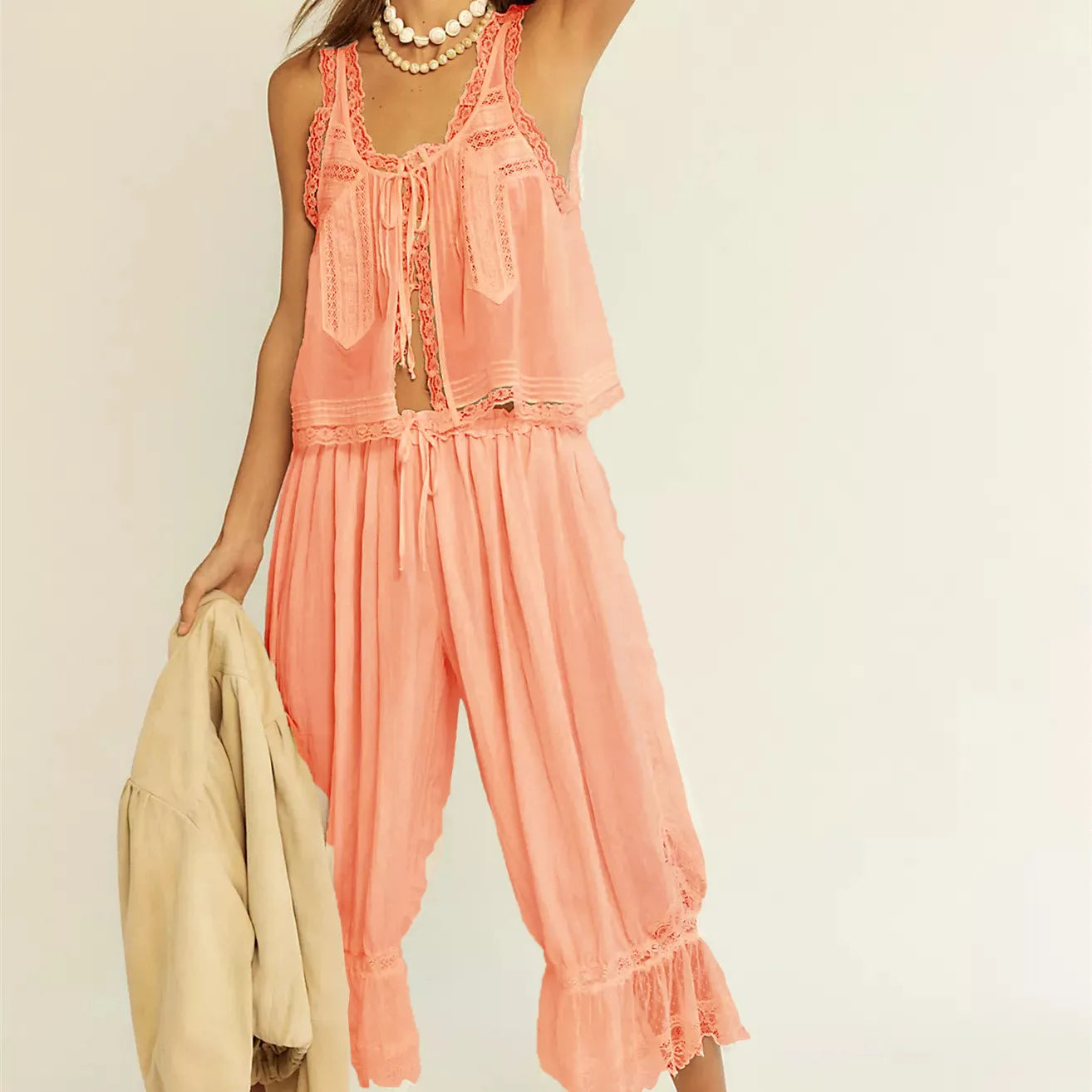 Women's Boho Vintage 2 Piece Pants Outfit Summer Casual Sleeveless Tie Front Lace Trim Tank Tops Drawstring Pants Sets