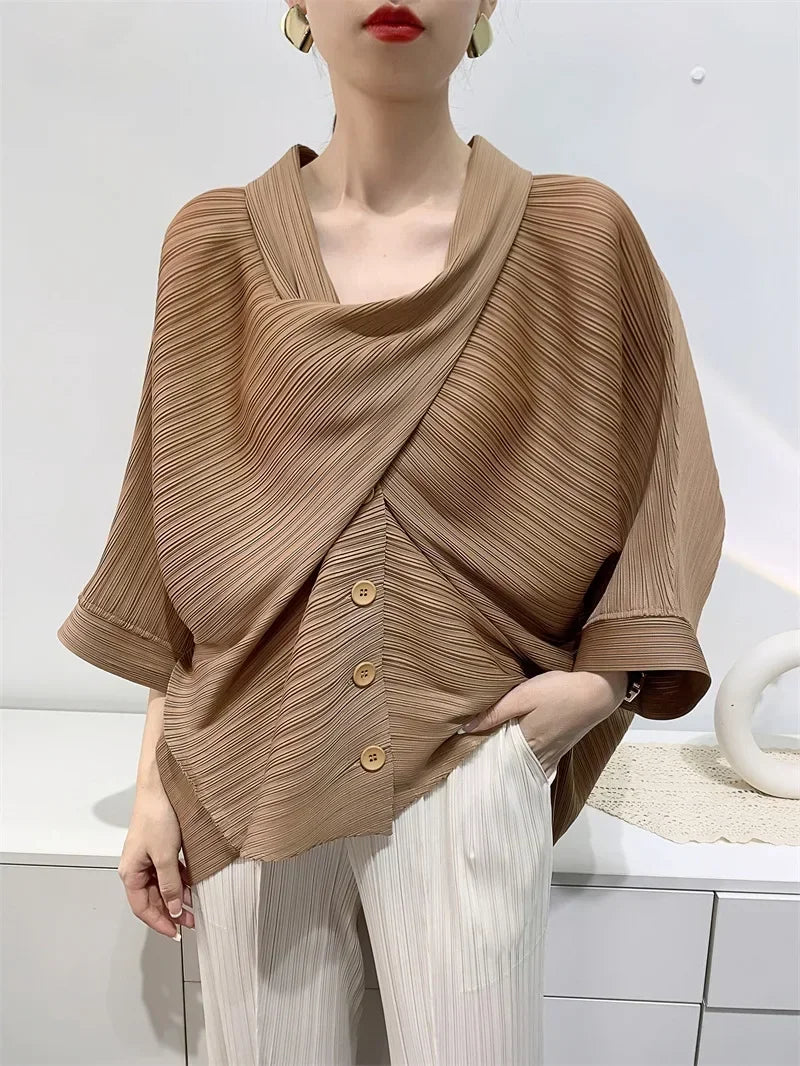 ALSEY Miyake Pleated Original Short Jacket for Women Spring Summer New Loose Casual Seven-minute Sleeve Scarf Collar Top