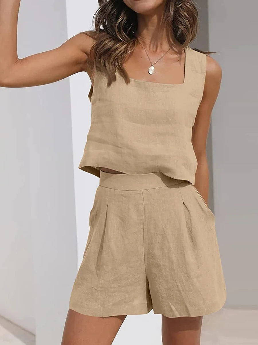 Womens Summer 2 Piece Outfits Lounge Matching Sets Two Piece Linen Shorts Crop Tops Trendy Clothes Vacation Set 7 Colors