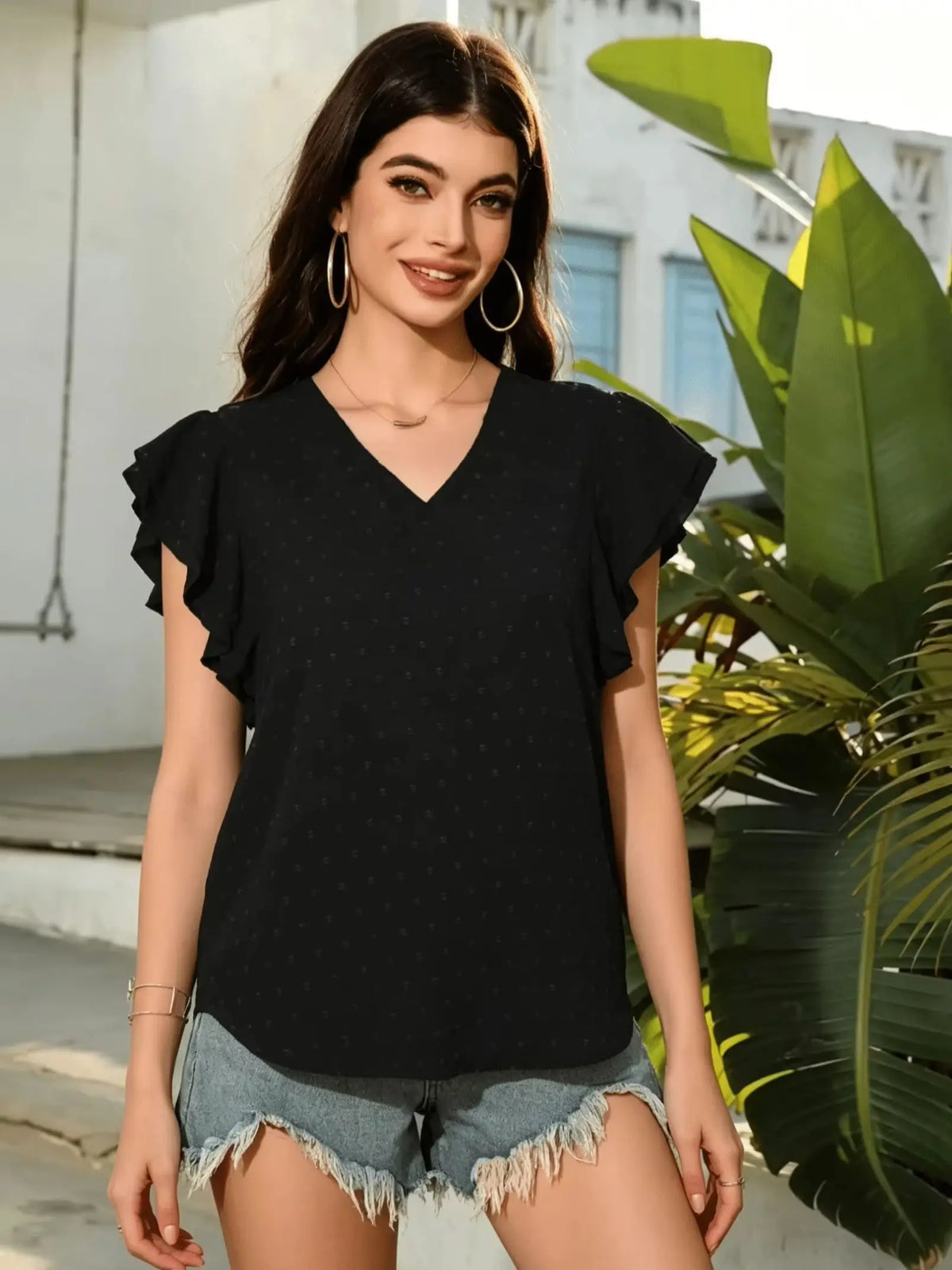 Women's V Neck Ruffle Sleeve Blouse Swiss Dot Loose Short Sleeve Summer Casual Tops