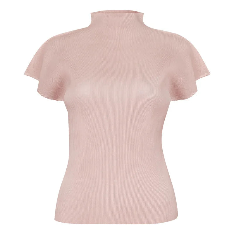 Miyake Summer New Minimalist Semi High Neck Slim Fit T-shirt  Versatile Small Top Women's Vest Clothing Feminist