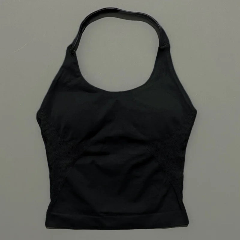 HISTELLO Impact Halter Top Seamless Longline Strappy Gym Tank Top Women Yoga Clothing Workout Fitness Sportswear Pilates Vest