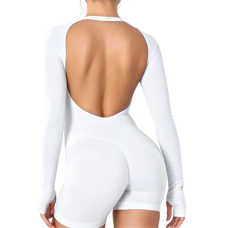 HISTELLO Sport Long Sleeve One Piece Women Hollow Back Yoga Bodycon Slim Fit Soft Stretch Fitness Running Gym Sports Jumpsuit
