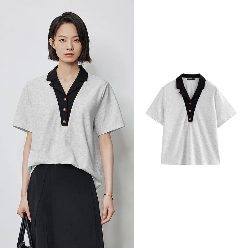TOYOUTH Women Contrasting Colors POLO Collar T-shirt Summer New Short Sleeved Top