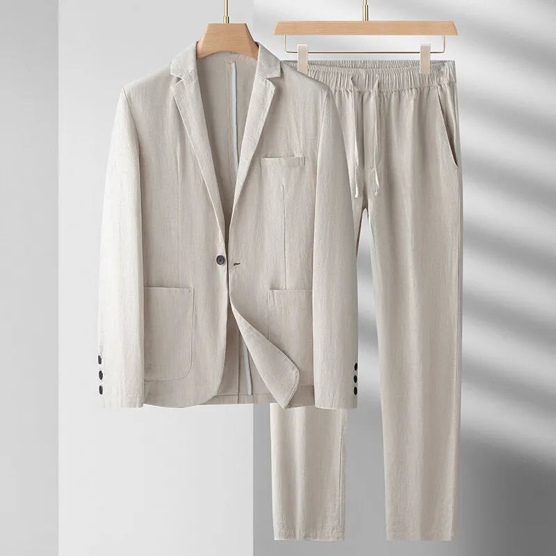 Spring and Summer Men's Linen Suit Set Luxury Thin Casual Cotton Linen Suit Two Piece Set High Quality Fabric