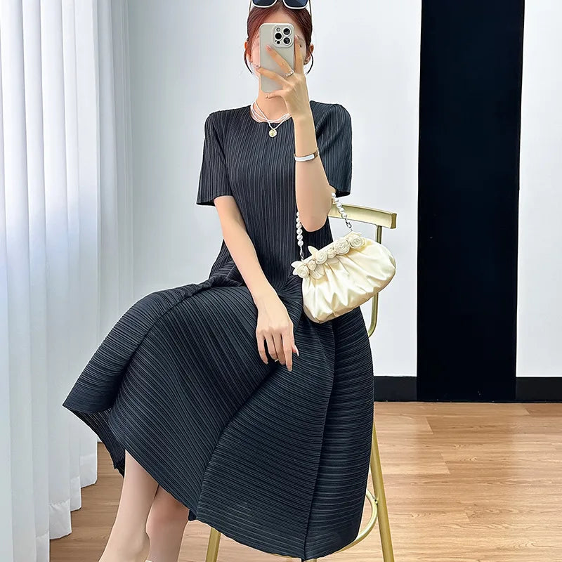 Miyake Y2k Pleated Women's Dress Bubble Short-sleeved Loose Slim Thin Medium-length Dresses for Women Summer New