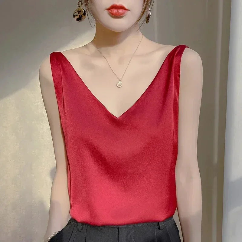 V-Neck Silk Vest Women's Summer Sleeveless Blouse With Acetic Acid Satin Top Sleeveless Bottoming Shirt