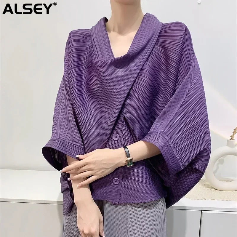 ALSEY Miyake Pleated Original Short Jacket for Women Spring Summer New Loose Casual Seven-minute Sleeve Scarf Collar Top