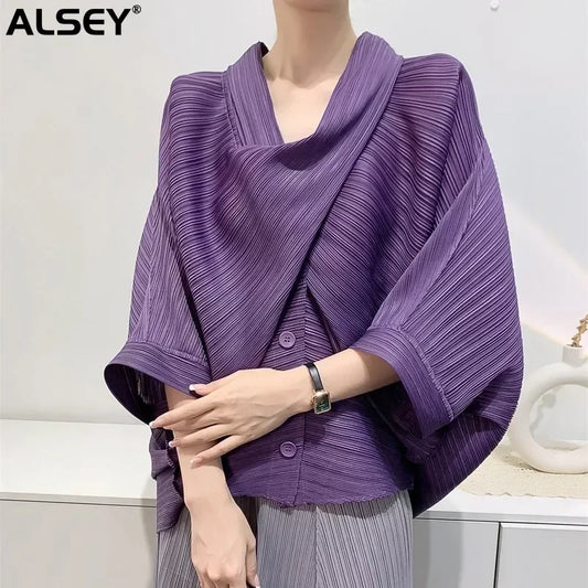 ALSEY Miyake Pleated Original Short Jacket for Women Spring Summer New Loose Casual Seven-minute Sleeve Scarf Collar Top