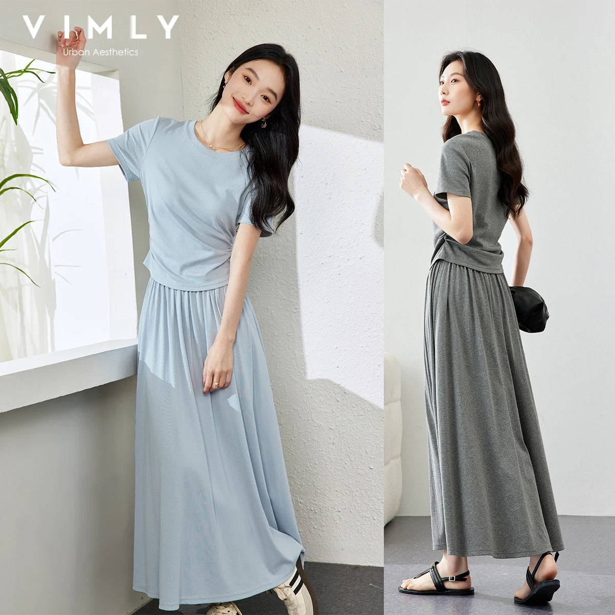 VIMLY Summer Sporty Casual Set Soft Air Cotton Short Sleeve Top Elastic Waist Loose Skirt Two Piece Solid Women Set Skirt M7669