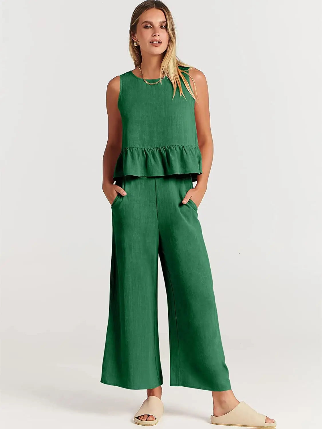 Women's New Summer Suit Solid Color Casual Sleeveless Pleated Round Neck Vest Button Wide Leg Nine-point Pants Two-piece Set