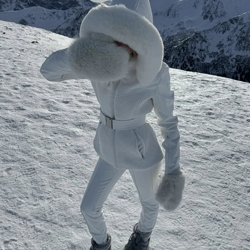 Windproof Fur Splicing Hooded Coat Pants Set Women's Warm Zipper Belted Snowboard Jackets 2025 Winter New Ladies Skiing Outfit