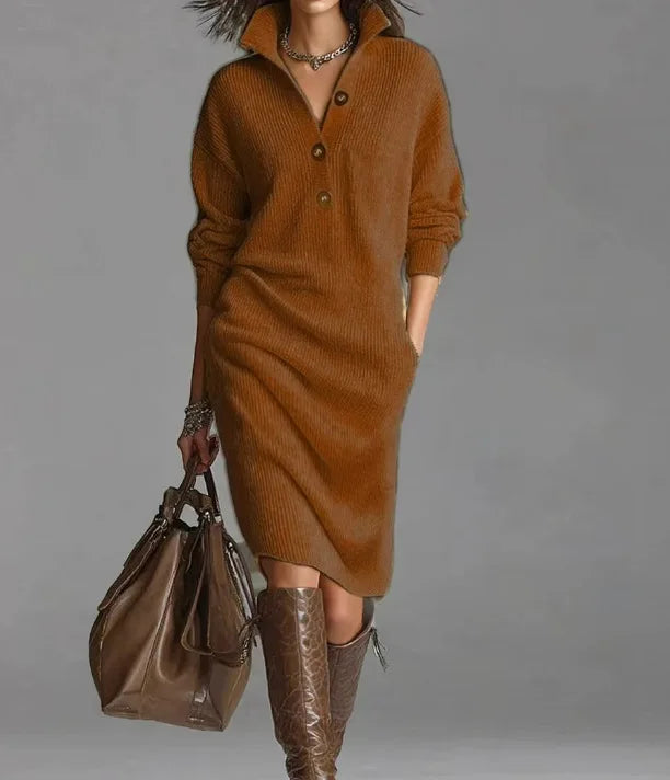 Autumn Fashion Knitted Button Lapel Women Dress Casual Loose Pocket Lazy Straight Over The Knee Long Sleeve Sweater FemaleDress