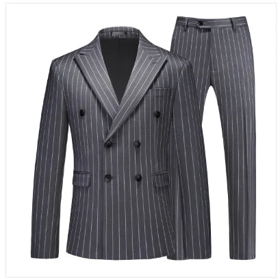 Fashion Men Double Breasted Striped Suit 2 Piece Black / Wine Red Party Blazers and Trousers