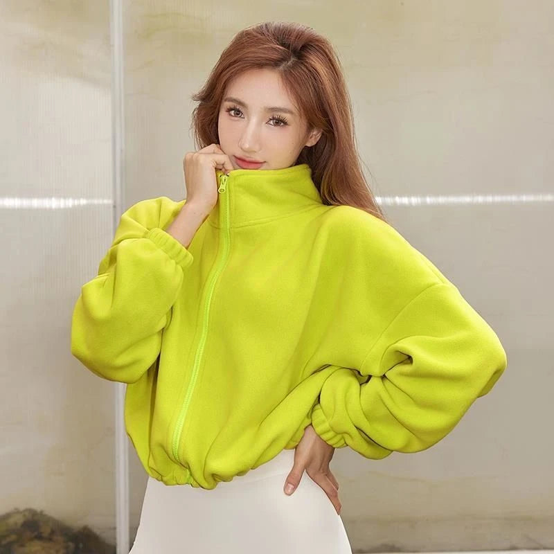 New Autumn Winter Clothes Warm High Waist Casual Sports Yoga Coat Fleece Fitness Short Jacket Slim Lady Zip Up Sweatshirt Women