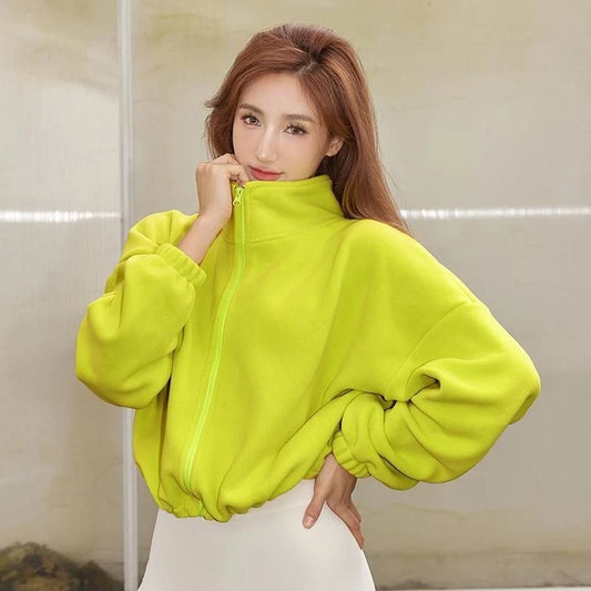 New Autumn Winter Clothes Warm High Waist Casual Sports Yoga Coat Fleece Fitness Short Jacket Slim Lady Zip Up Sweatshirt Women