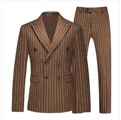 Fashion Men Double Breasted Striped Suit 2 Piece Black / Wine Red Party Blazers and Trousers