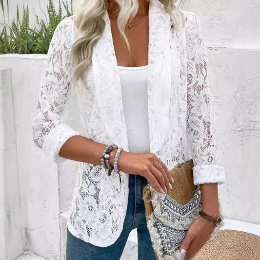 Summer White Lace Hollow Out Women's Coat Solid Open Stitch Blazers Outdoor Business Jackets Lightweight Office Ladies Coats