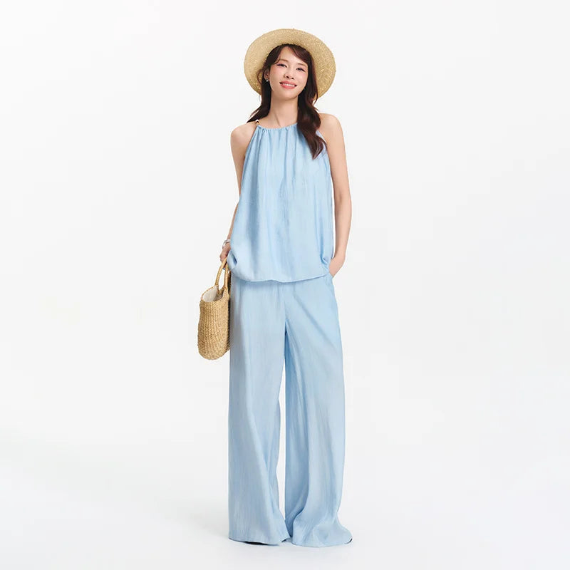 Semir Bowknot Strap Wide Leg Pants Set Women Summer New Linen Like Textured Two Piece Outfit for Vacation Style