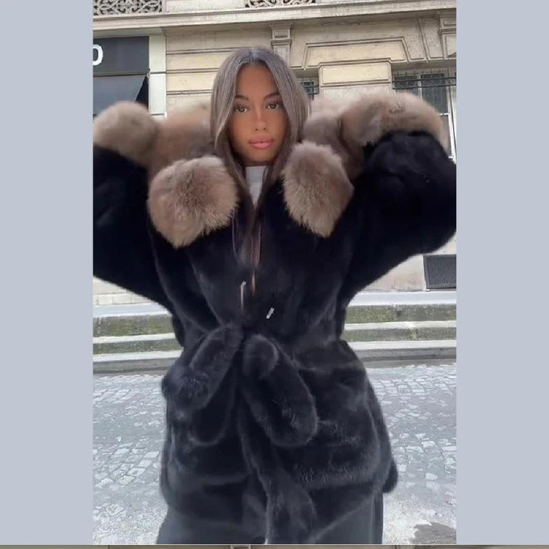 Women's Chic Luxury Faux Fur Oversize Coat Autumn Winter Simple Plush Soft Thick Warm Jacket New Versatile Cinched Waist Clothes