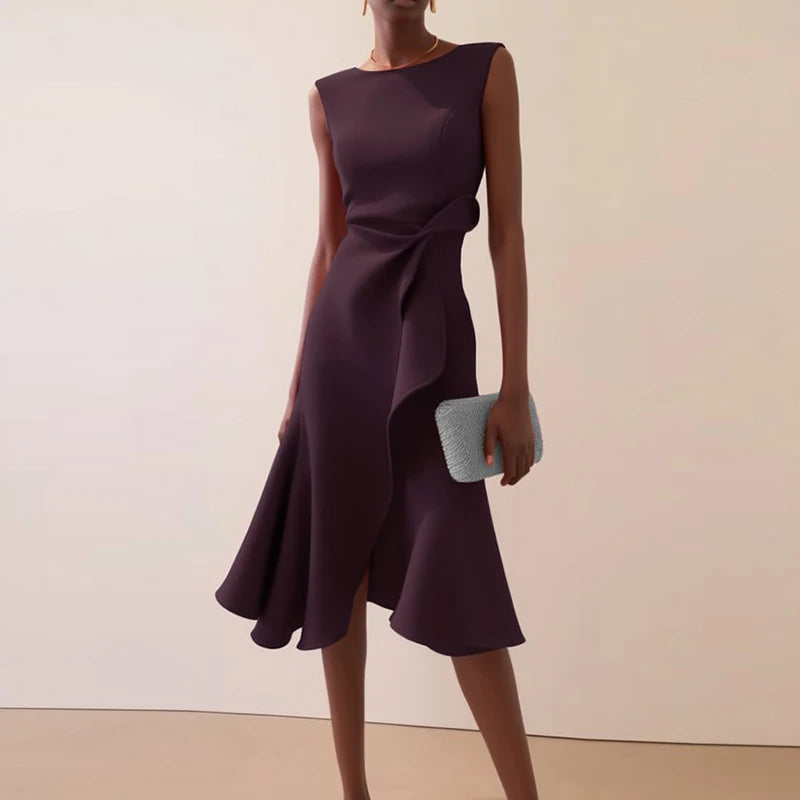 Vestidos Women Elegant O Neck Solid Commute Dress Spring Knot Slim Ruffle Irregular Dress Summer Sleeveless A-Line Party Dresses