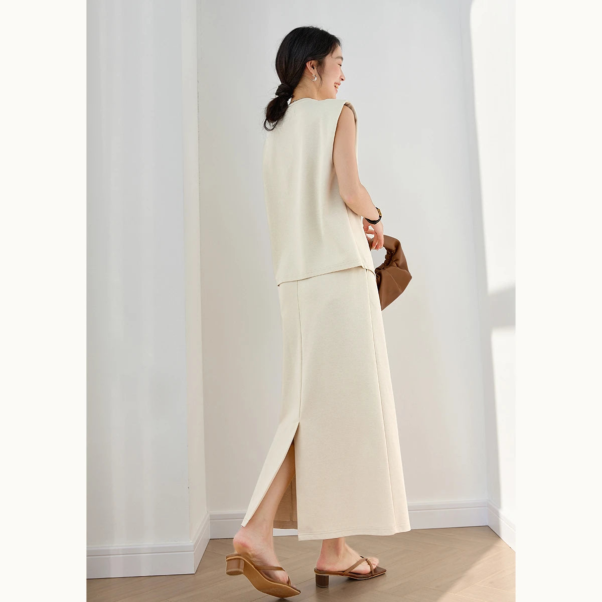 VIMLY Women's Summer Skirt Suit 2026 Office Lady Irregular Sleeveless Tops T-Shirt Straight Skirt Casual Simple Outfits M9656