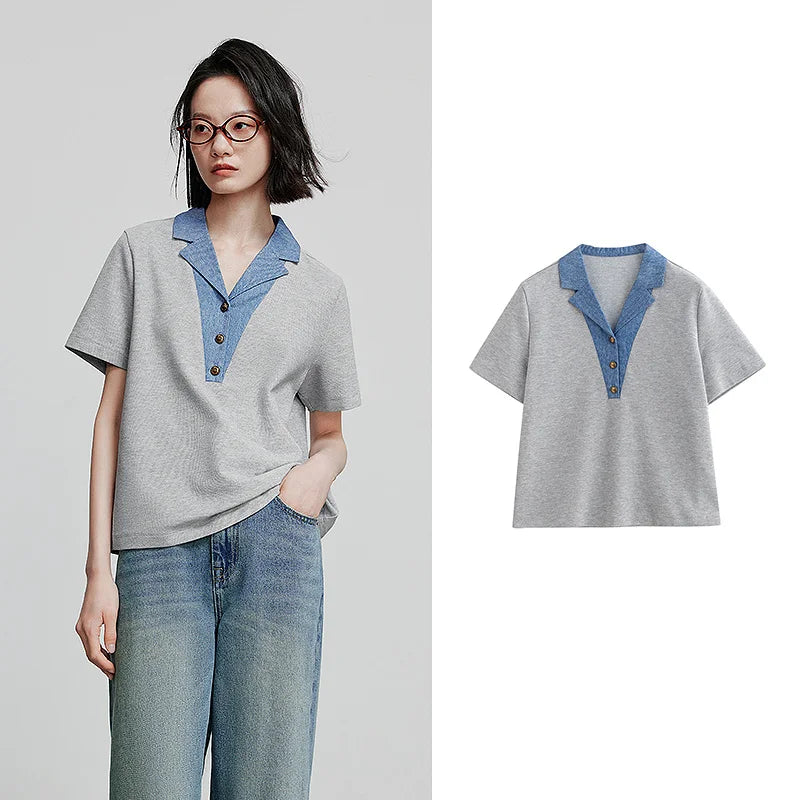 TOYOUTH Women Contrasting Colors POLO Collar T-shirt Summer New Short Sleeved Top