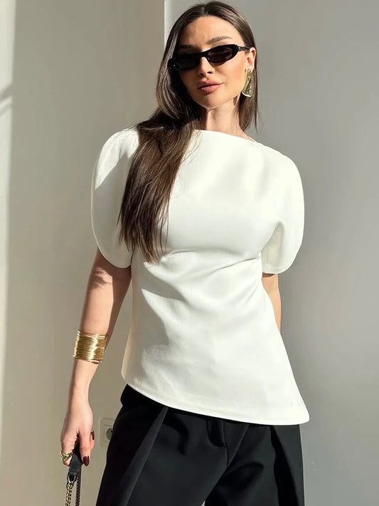 SLTNX Women's Elegant Vintage Short Puff Sleeve O-Neck Asymmetrical Hem Blouse - 2026 Spring Summer Y2K Streetwear Top