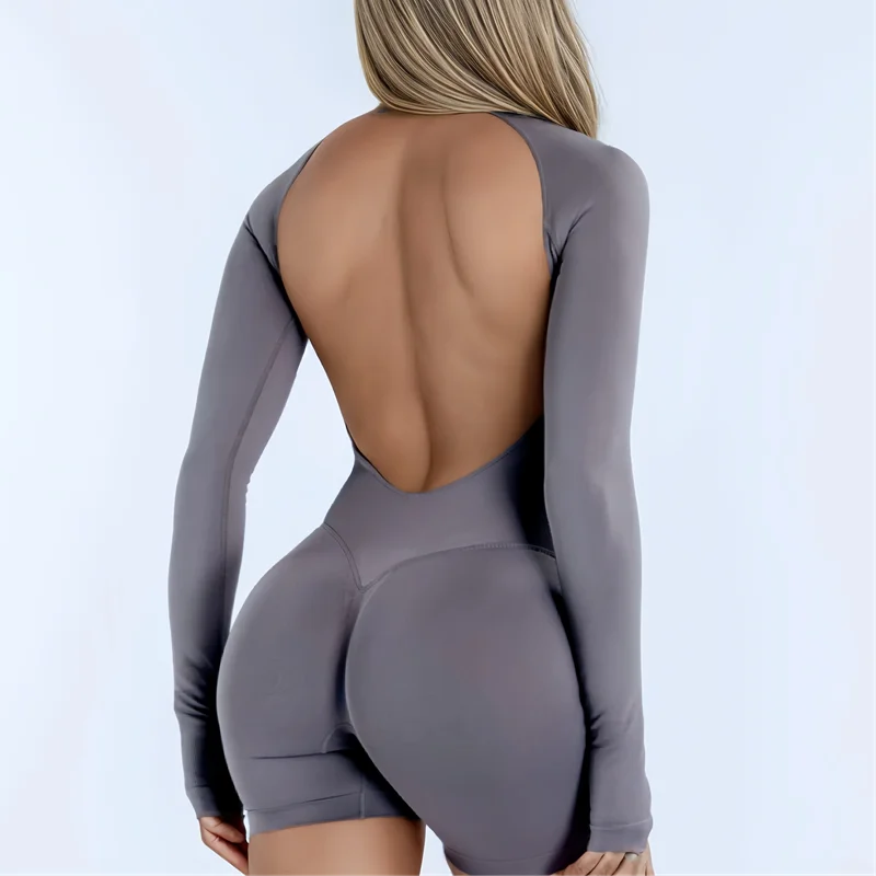 HISTELLO Sport Long Sleeve One Piece Women Hollow Back Yoga Bodycon Slim Fit Soft Stretch Fitness Running Gym Sports Jumpsuit