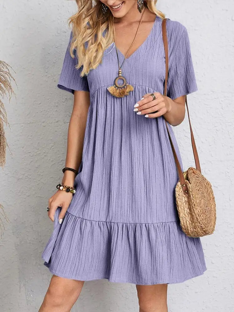 Elegant Solid V Neck A Line Dress New Summer Ruffles Loose Mini Dress Casual Short Sleeve Beach Party Vestidos Streetwear