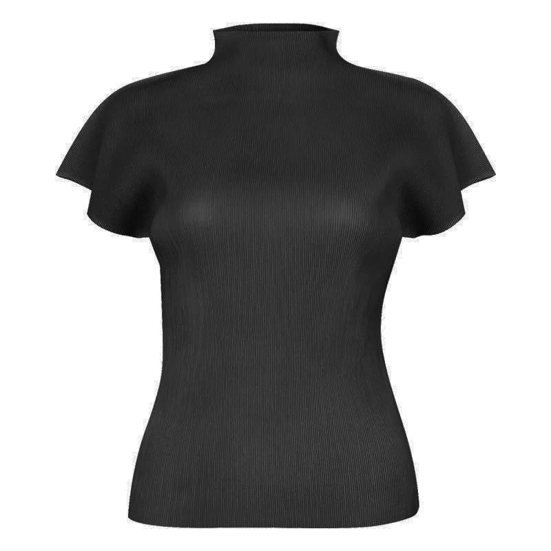 Miyake Summer New Minimalist Semi High Neck Slim Fit T-shirt  Versatile Small Top Women's Vest Clothing Feminist