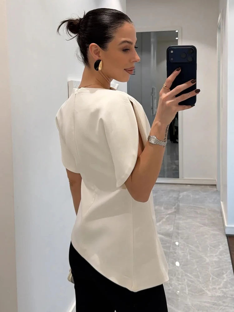 SLTNX Women's Elegant Vintage Short Puff Sleeve O-Neck Asymmetrical Hem Blouse - 2026 Spring Summer Y2K Streetwear Top