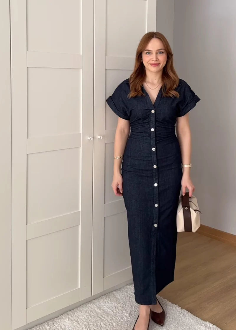 ETJ Spring New series denim MIDI dress with lapel side zipper fashion wrinkle waist slim elegant dress