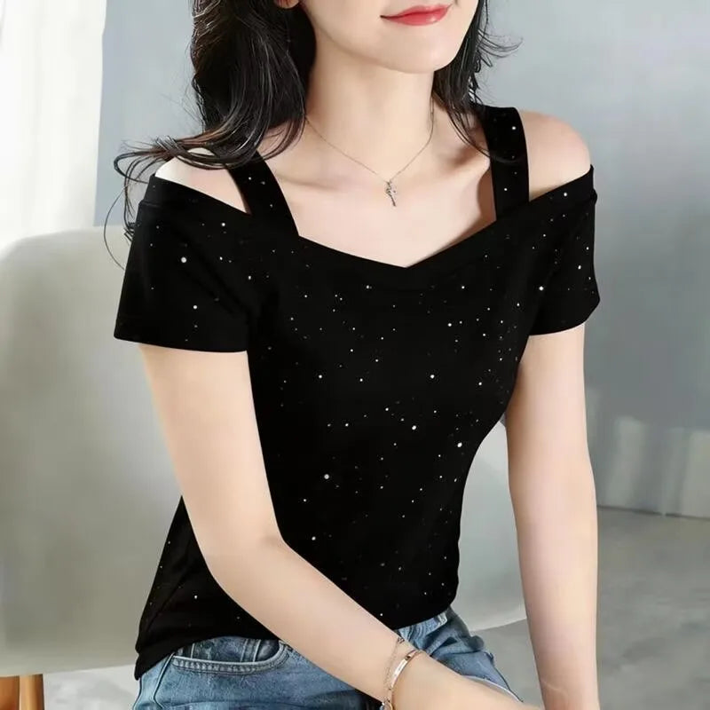 Womens Purple Cold Shoulder T-Shirt V Neck Double Strap Sparkle Dot Print Short Sleeve Slim Fit Casual Summer Top for Daily Wear