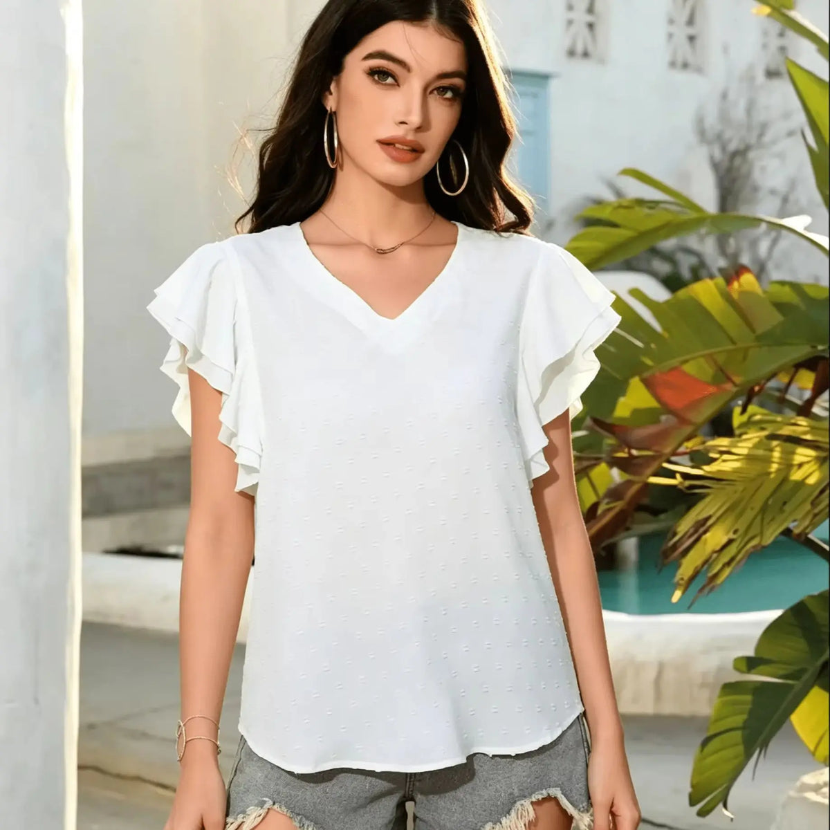 Women's V Neck Ruffle Sleeve Blouse Swiss Dot Loose Short Sleeve Summer Casual Tops