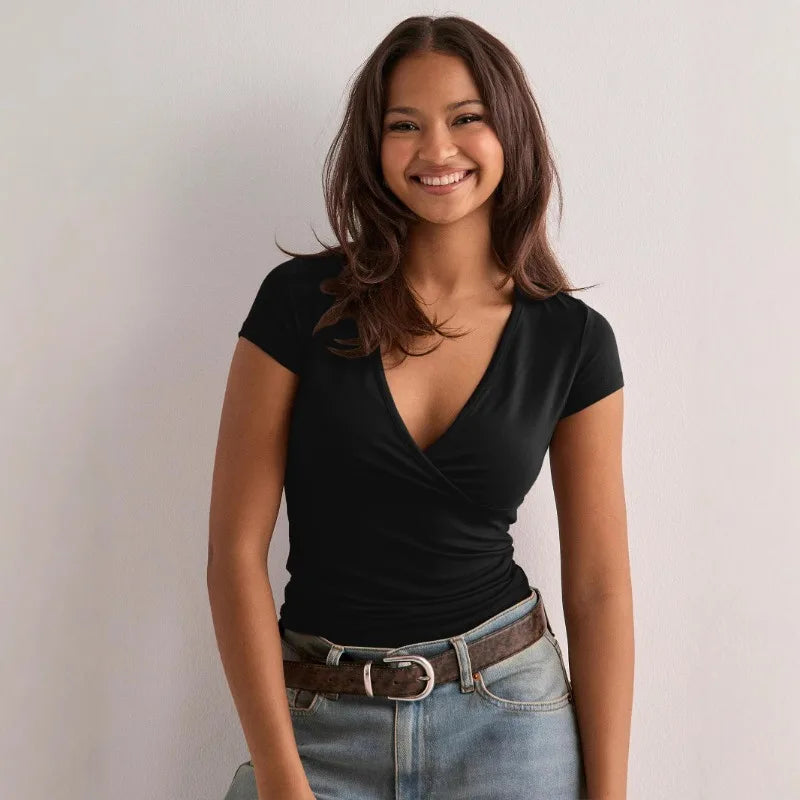 Summer New Fashion Women's T-Shirt Solid-Color Slim-Fit V-Neck Short-Sleeve Top Y2k Clothing