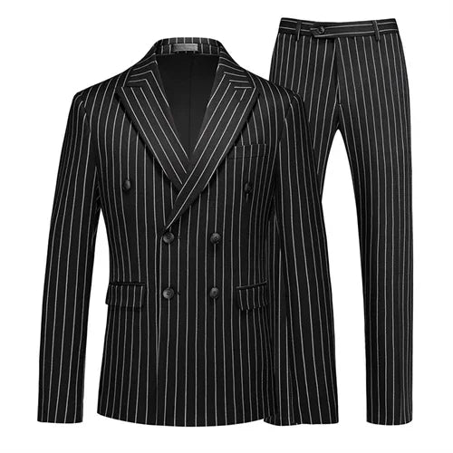 Fashion Men Double Breasted Striped Suit 2 Piece Black / Wine Red Party Blazers and Trousers
