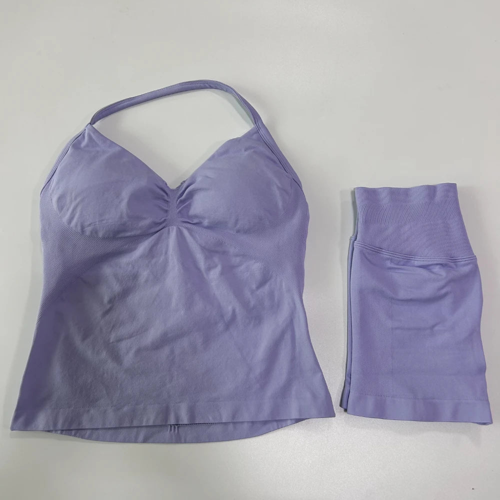 No Logo 2Pcs Gym Set Women Backless Tank Tops High Waist Scrunch Seamless Shorts Gym Suit Fitness Clothes Activewear Workout Set