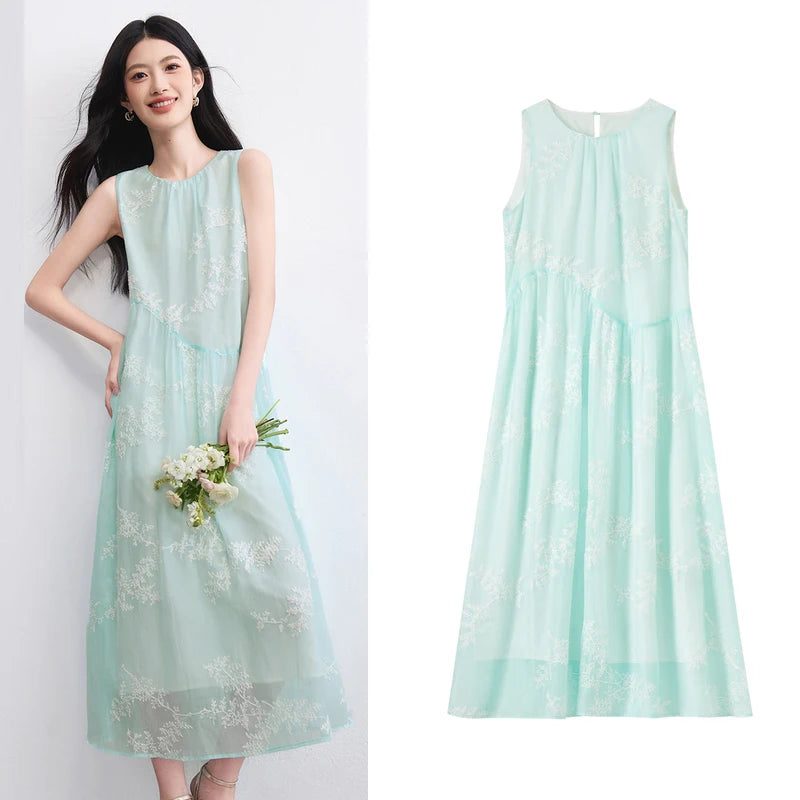 SENTUBILA Women Summer Dress 2026 Elegant Ladies Embroidery O Neck Sleeveless Tank Holiday Vacation Long Dresses Woman 151L58207