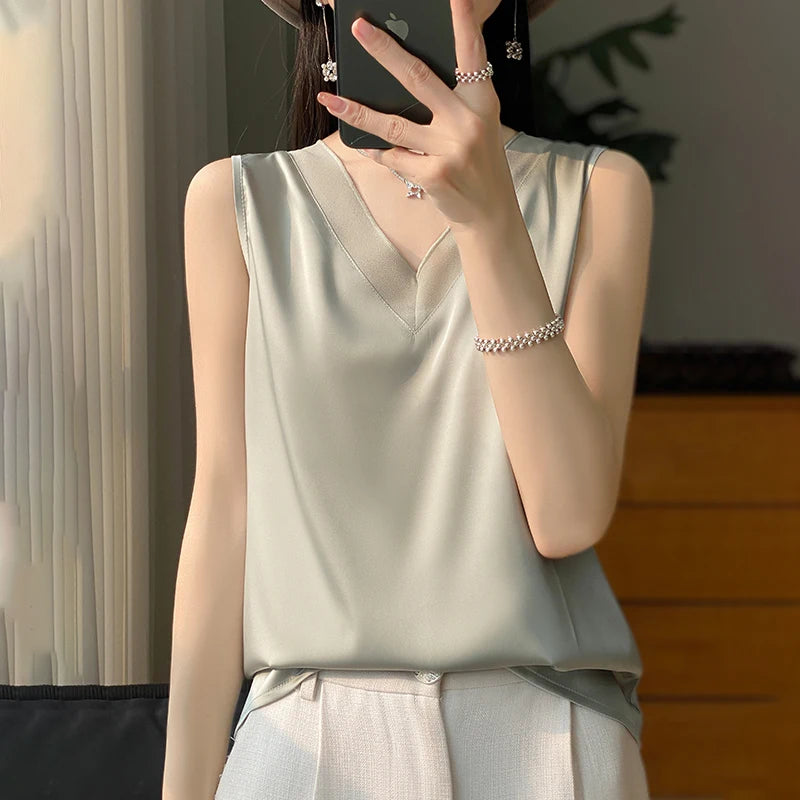 Silk Faux Thin Short Sleeve Tees All-Match Basic T-Shirt Slip Woman Summer Clothes Elegant Tops Solid Loose Casual Fashion