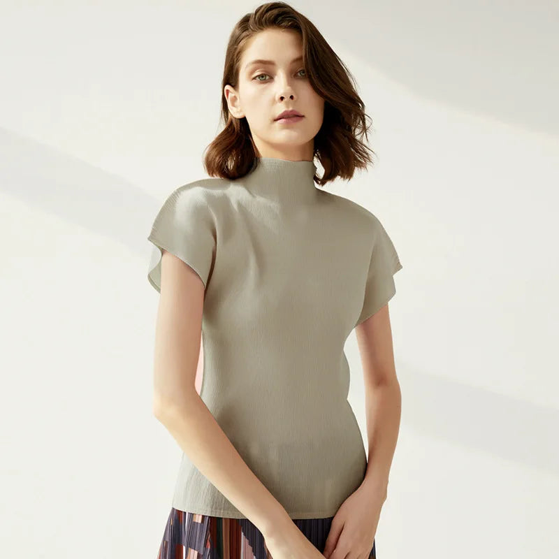 Miyake Summer New Minimalist Semi High Neck Slim Fit T-shirt  Versatile Small Top Women's Vest Clothing Feminist