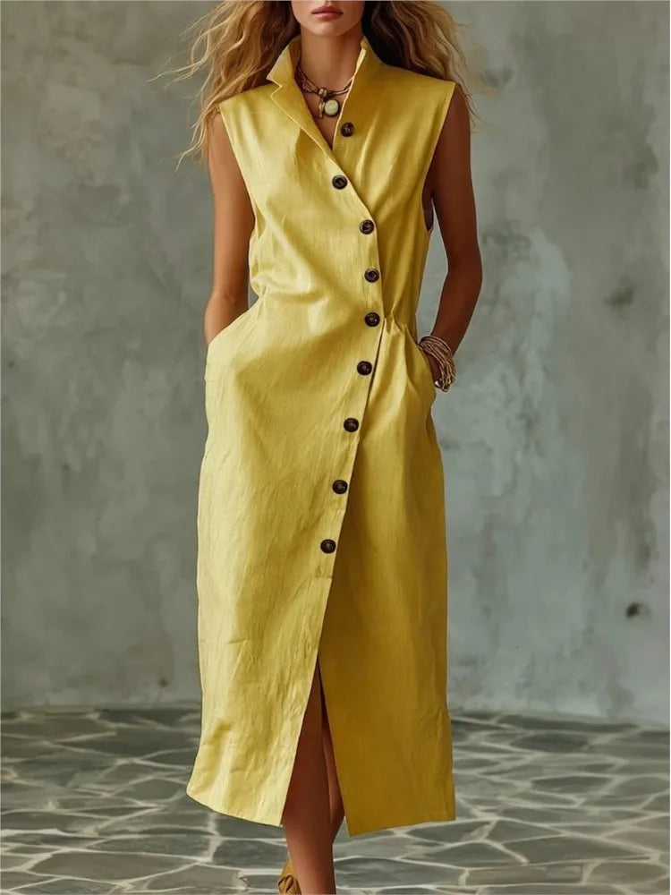 Women New Elegant Sundress Summer Single-breasted V Neck Sleeveless Long Dress Fashion Holiday Party Vestido Femme Casual Dress