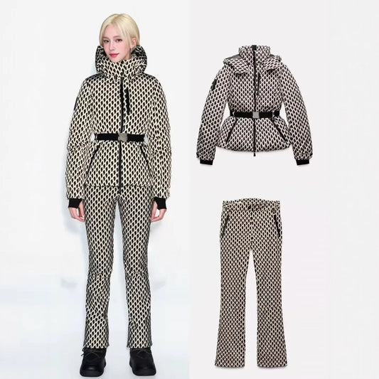 Winter Two Piece Skiing Set Hooded High Waist Padded Sport Parka Jacket Belt Female Thick Warm Pockets Windproof Skiing Pant