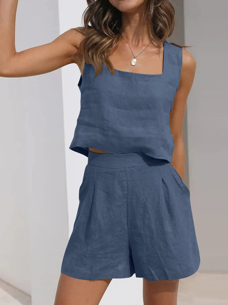 Womens Summer 2 Piece Outfits Lounge Matching Sets Two Piece Linen Shorts Crop Tops Trendy Clothes Vacation Set 7 Colors