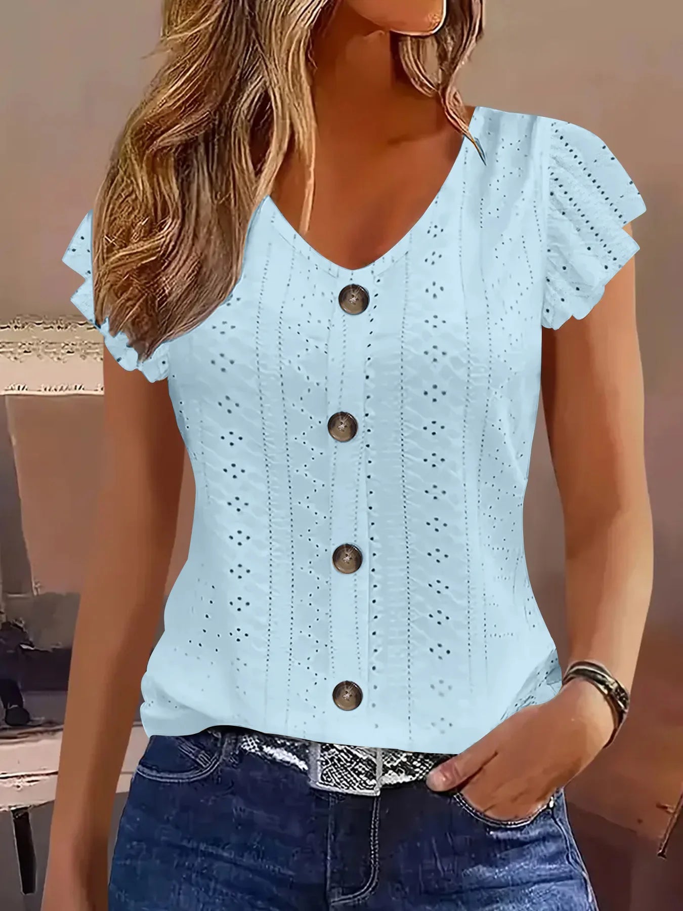 Spring/Summer new women's fashion stylish commute casual solid color multi-color ruffle sleeve V-neck T-shirt