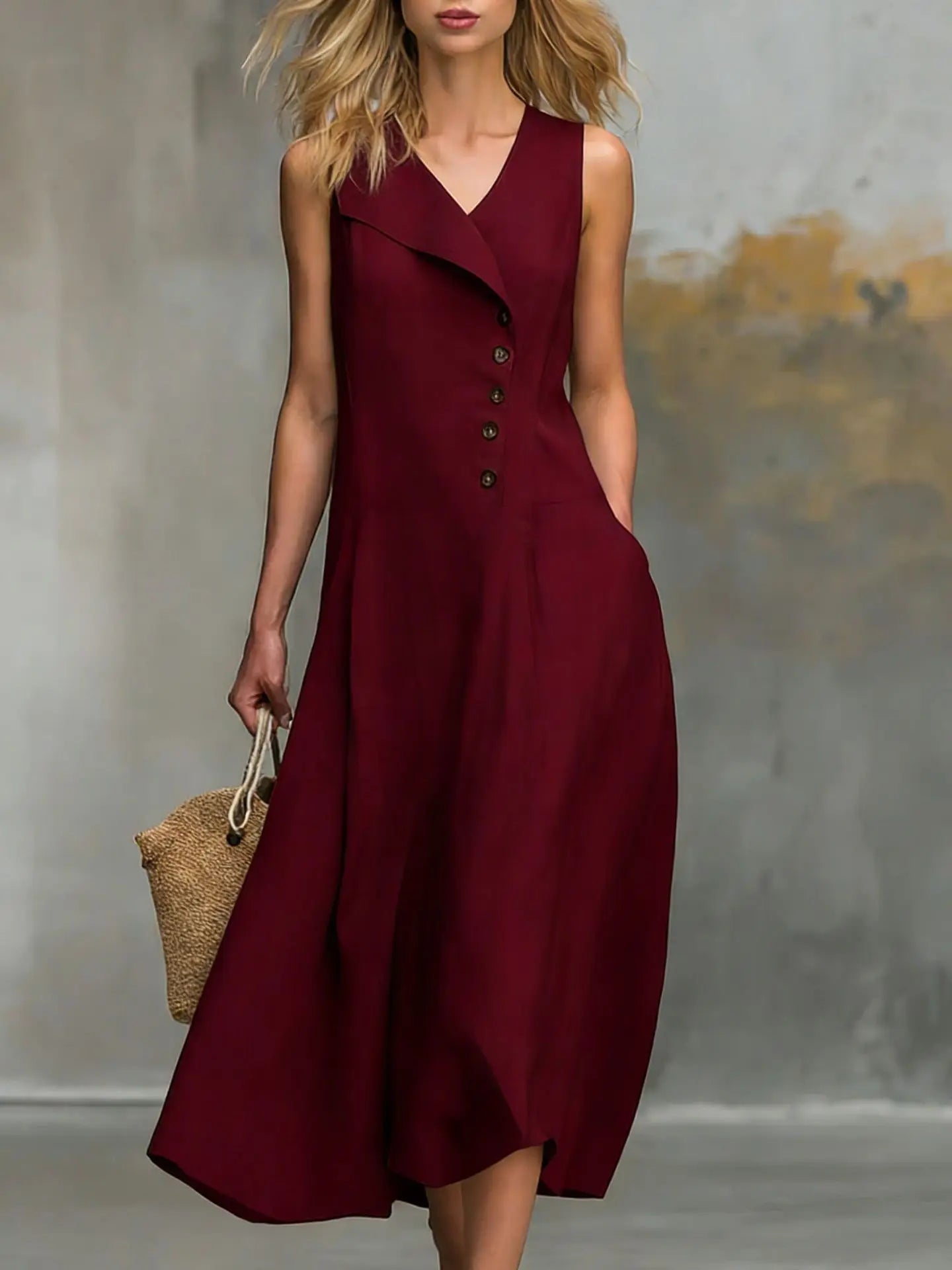 Women's Solid Color Lapel Buttons Maxi Dresses Summer With Pockets Sleeveless A-line Sundress Casual Loose Holiday Party Dress