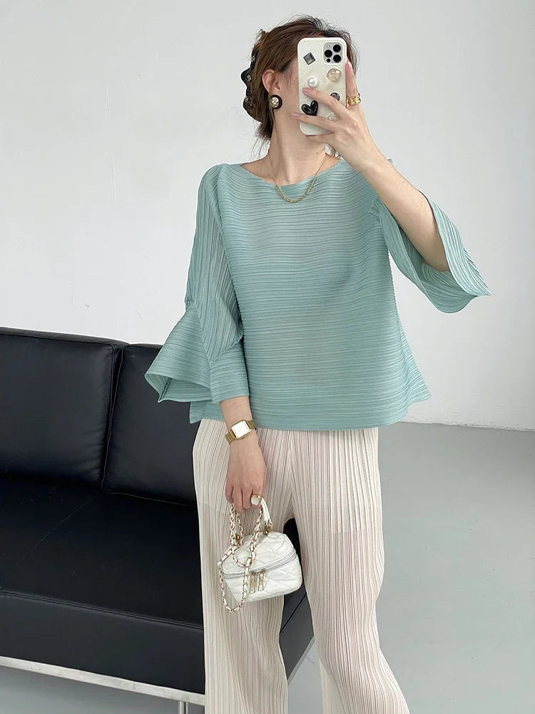 YUDX Pleated T-shirt For Women O-neck Flare Sleeves Solid Color Casual Tops Versatile Summer New Clothing